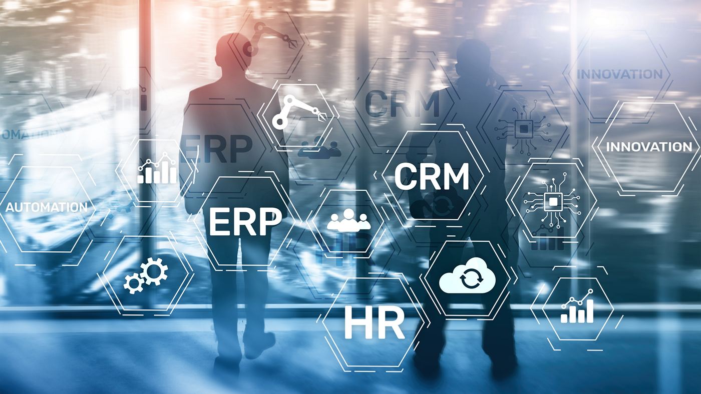Illustration of connected ERP, CRM, HR and automation systems