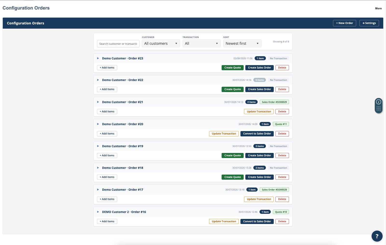 The Configuration Orders landing page in NetSuite, listing customer, order, item count and transaction status